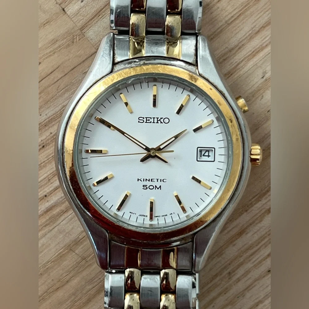 Seiko Kinetic Automatic Men’s Watch Two-Tone Bracelet Case White Dial Date